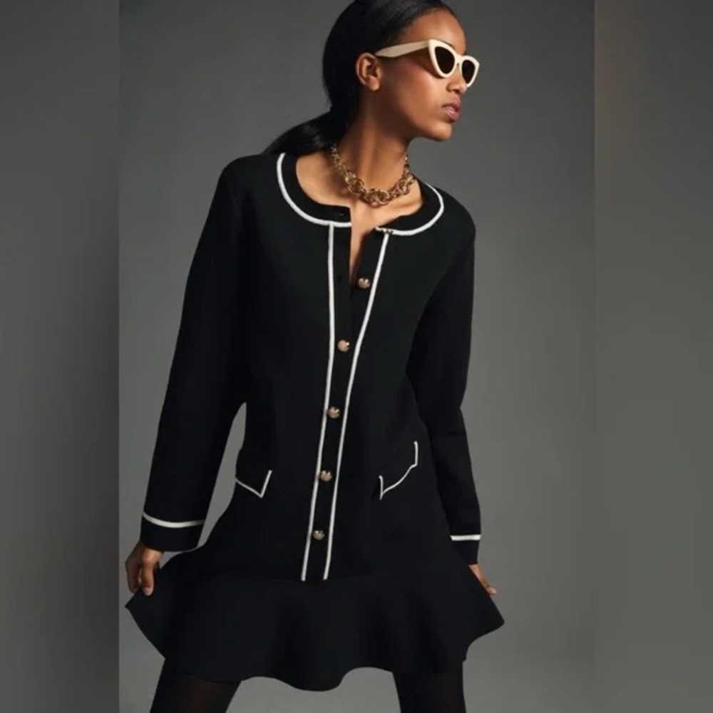 Black Sweater Dress with White Trim - Picture 2 of 4